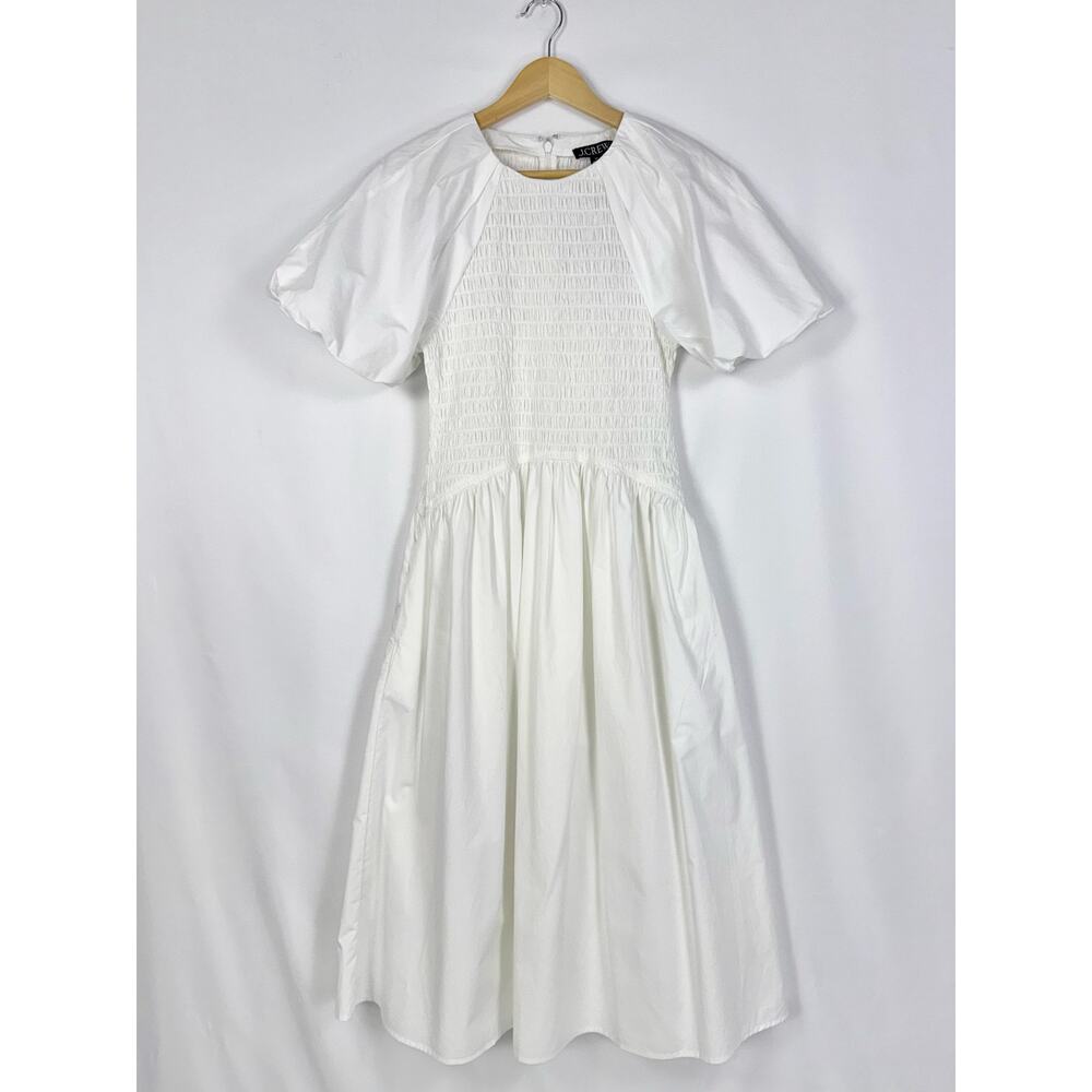 J Crew Women's Meadow Smocked Puff Sleeve Midi Dress Small Petite White